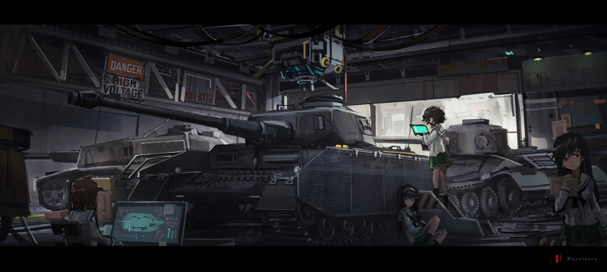 4girls, akiyama_yukari, black_hair, brown_hair, chair, char_b1, garage, girls_und_panzer, green_skirt, hairband, holding, indoors, isuzu_hana, long_hair, long_sleeves, military, military_vehicle, miniskirt, multiple_girls, neckerchief, nishizumi_miho, novelance, panzerkampfwagen_iv, pleated_skirt, reizei_mako, school_uniform, serafuku, short_hair, sitting, skirt, sturmgeschutz_iii, tablet_pc, tank, vehicle, white_blouse