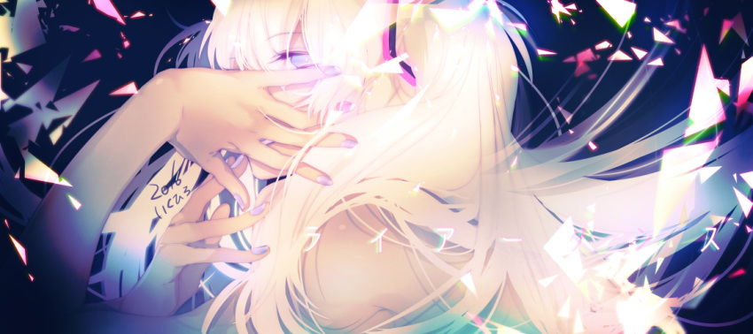 1girl, blue_eyes, hands, hatsune_miku, ikuhiro_(19nnnkti16), liar_dance_(vocaloid), long_hair, nail_polish