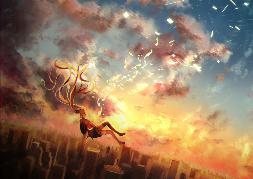 1girl, cityscape, clouds, detached_sleeves, floating_hair, glow_(vocaloid), hatsune_miku, highres
