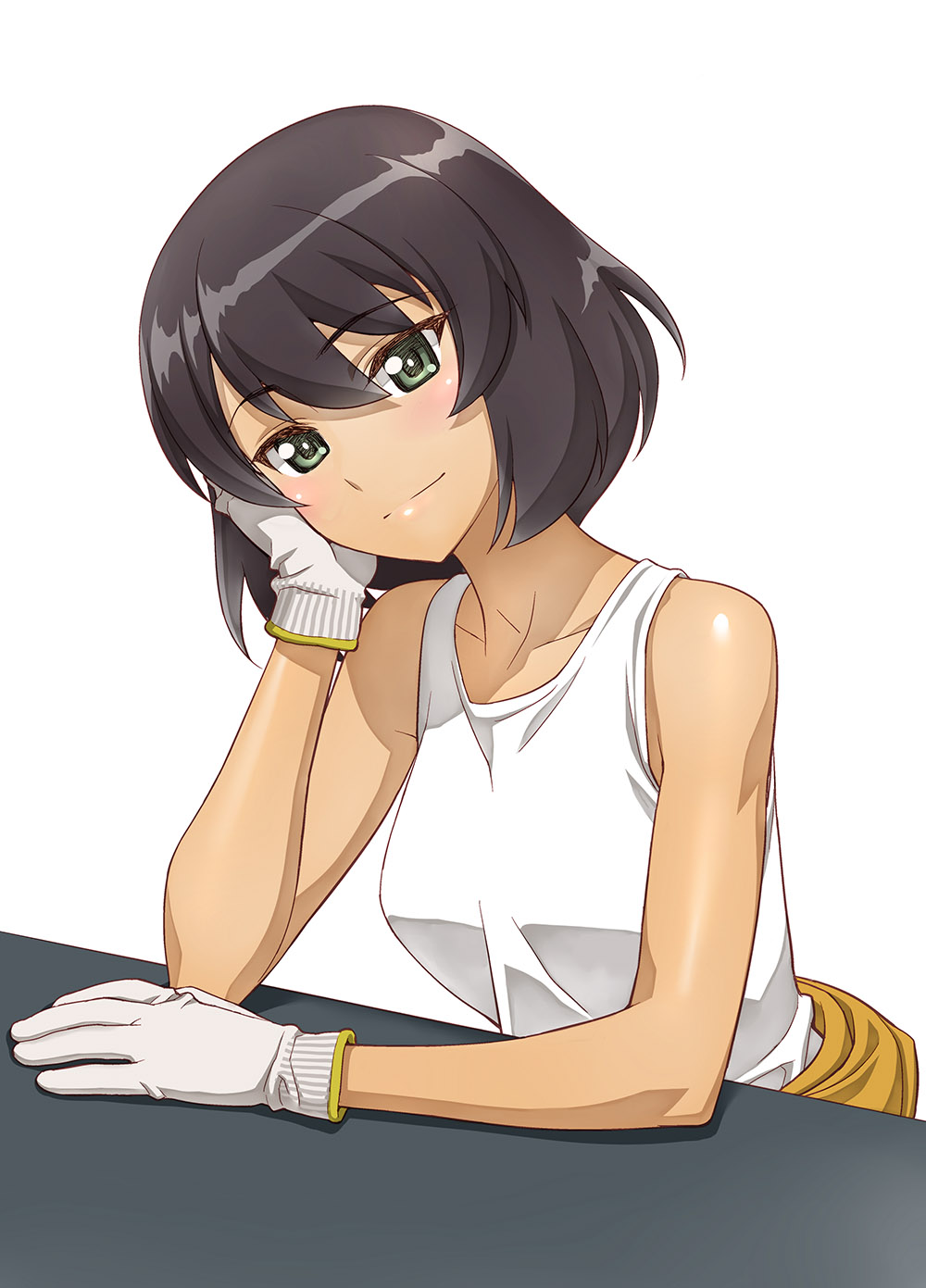 black_hair, brown, brown_eyes, clothes_around_waist, collarbone, dark_skin, girls_und_panzer, gloves