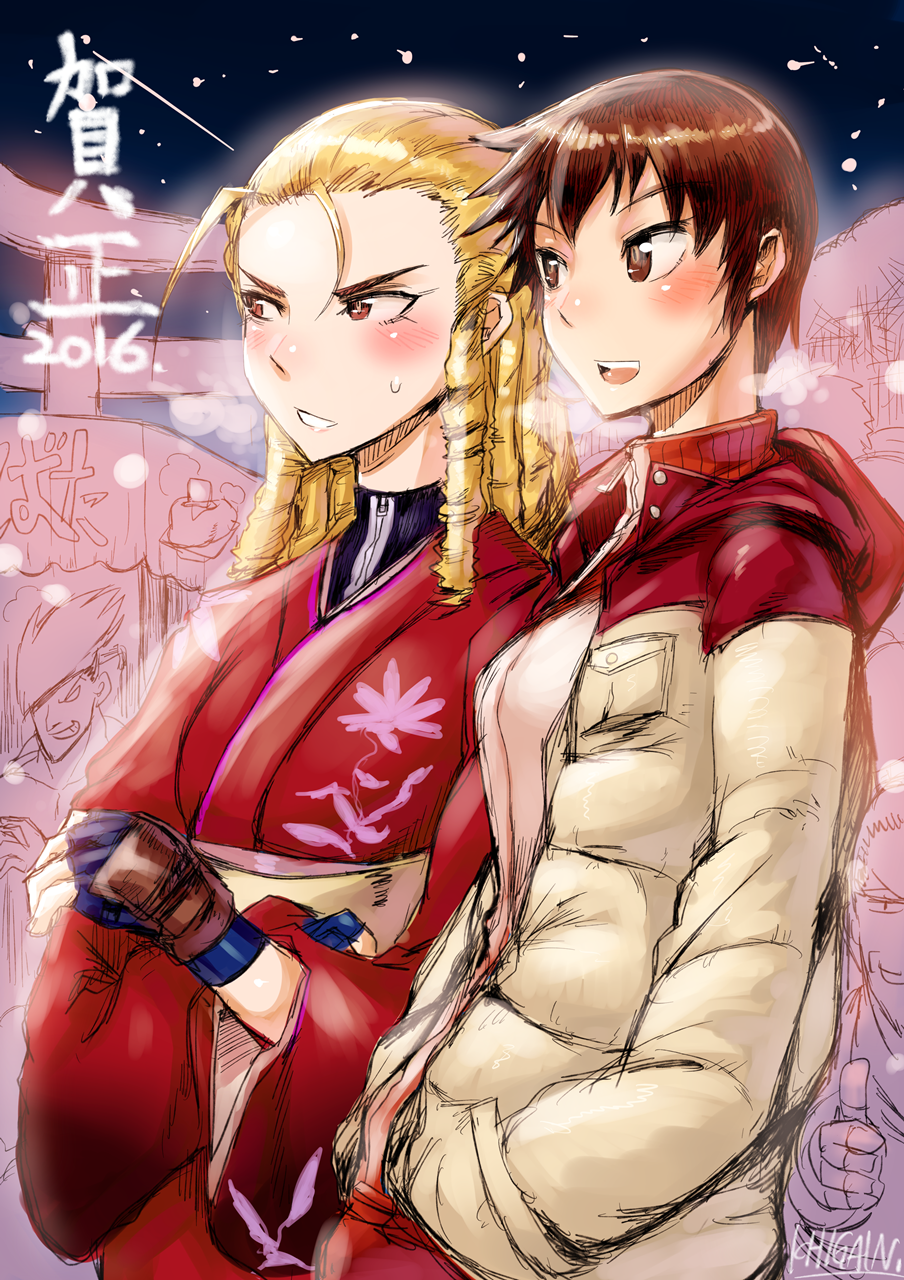 blonde_hair, brown_hair, fingerless_gloves, flower, gloves, highres, ichigai_(hayawossan), jacket, japanese_clothes, kanzuki_karin, kasugano_sakura, kimono, short_hair, street_fighter, street_fighter_zero, street_fighter_zero_3, translation_request, yukata