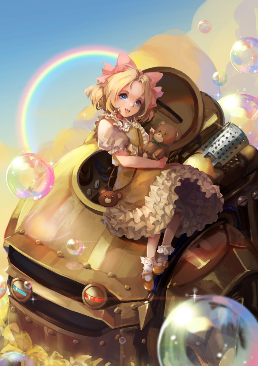 1girl, blonde_hair, blue_eyes, bubble, dress, highres, iris_chateaubriand, koubu, mary_janes, mizukiyan, rainbow, sakura_taisen, shoes, short_hair, stuffed_animal, stuffed_toy, teddy_bear