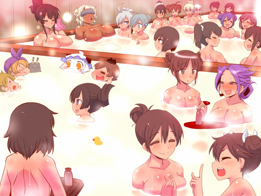 >_<, +_+, 6+girls, :3, ahoge, akagi_(kantai_collection), akizuki_(kantai_collection), alternate_hairstyle, asashimo_(kantai_collection), bangs, bath, bathing, black_hair, blonde_hair, blunt_bangs, blush, breast_envy, breasts, brown_eyes, brown_hair, character_request, chikuma_(kantai_collection), closed_eyes, commentary_request, covered_eyes, dark_skin, double_bun, enemy_aircraft_(kantai_collection), fangs, fusou_(kantai_collection), graf_zeppelin_(kantai_collection), green_eyes, green_hair, grey_eyes, grey_hair, grin, hair_between_eyes, hair_bun, hair_ornament, hair_ribbon, hair_up, hands_together, hiryuu_(kantai_collection), hiyou_(kantai_collection), horns, index_finger_raised, iowa_(kantai_collection), jun'you_(kantai_collection), kaga_(kantai_collection), kantai_collection, kiyoshimo_(kantai_collection), kongou_(kantai_collection), large_breasts, leaning_back, multiple_girls, musashi_(kantai_collection), nagato_(kantai_collection), northern_ocean_hime, nose_blush, open_mouth, orange_eyes, ponytail, purple_hair, ribbon, ryuujou_(kantai_collection), sakazuki, sako_(bosscoffee), shampoo_hat, shimakaze_(kantai_collection), side_ponytail, sidelocks, sitting, sitting_on_head, sitting_on_person, smile, souryuu_(kantai_collection), spiky_hair, taihou_(kantai_collection), tokkuri, tone_(kantai_collection), towel, towel_on_head, translation_request, tray, violet_eyes, wet, white_hair, x3, yamashiro_(kantai_collection), yamato_(kantai_collection), yukikaze_(kantai_collection), yuudachi_(kantai_collection)