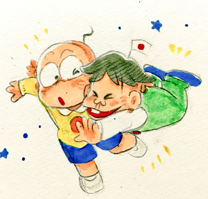 2boys, ankie, bald, black_hair, blush, buck_teeth, chibita, child