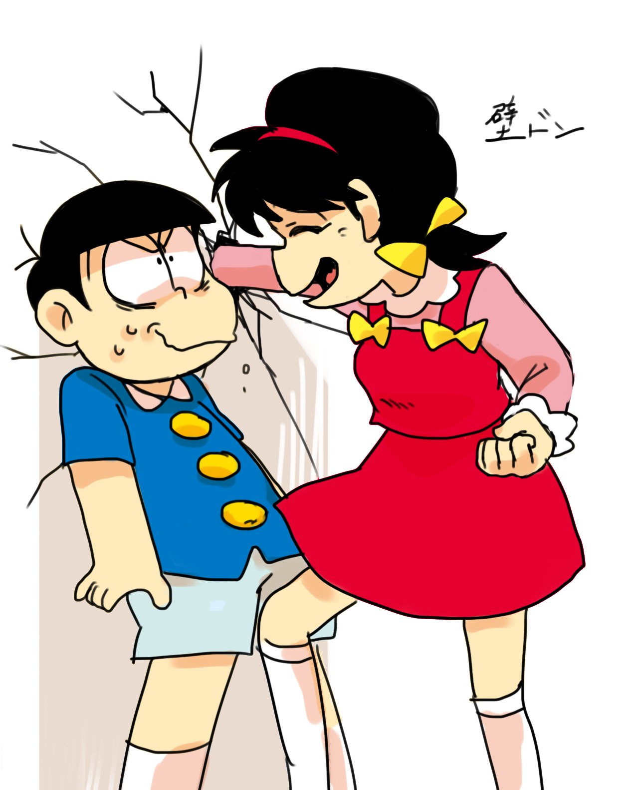1boy, 1girl, ankie, black_hair, dress, hairband, highres, matsuno_osomatsu