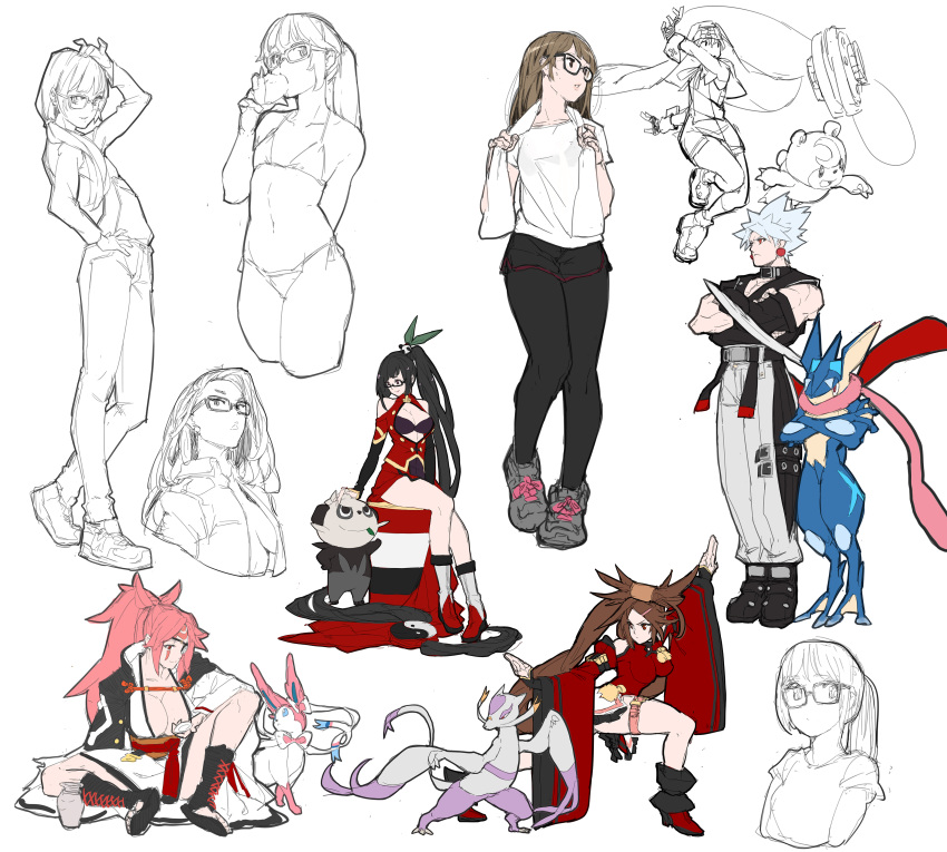 absurdres, baiken, baked_potato, bare_shoulders, black_legwear, blazblue, breasts, bridget_(guilty_gear)