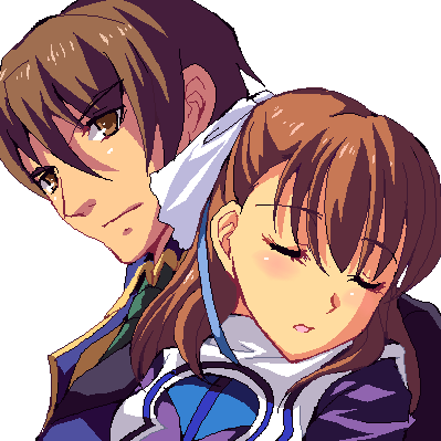 1boy, 1girl, :o, ahoge, brother_and_sister, brown_eyes, brown_hair, dress, enoo, hair_ornament, hair_ribbon, kresnik_ahtreide, lowres, open_mouth, ribbon, short_hair, siblings, upper_body, wild_arms, wild_arms_4, yulie_ahtreide