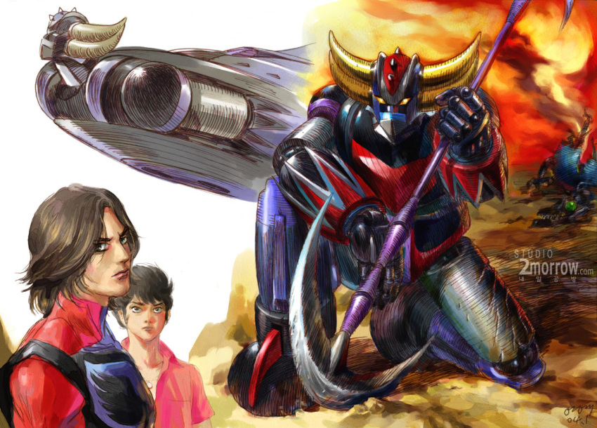 brown_hair, duke_fleed, gongyoung-seok, grendizer, holding, holding_weapon, kabuto_kouji, looking_afar