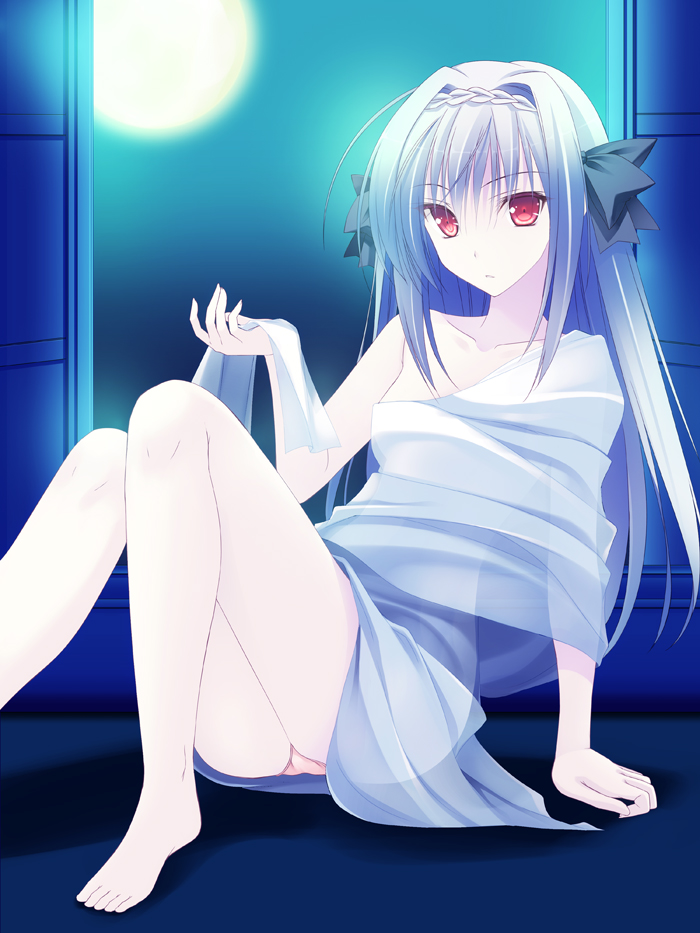 1girl, barefoot, bow, braid, grey_hair, hair_bow, long_hair, looking_at_viewer, moon, nught, panties, pantyshot, pantyshot_(sitting), red_eyes, sakurakouji_luna, see-through, sitting, solo, takepon, tsuki_ni_yorisou_otome_no_sahou, underwear