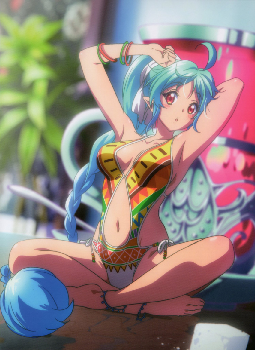 1girl, ahoge, aqua_hair, bare_shoulders, braid, dark_skin, hair_ornament, highres