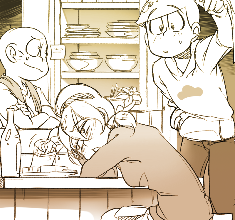 1girl, 2boys, bottle, chibita, crossed_arms, drunk, food_stand, hairband