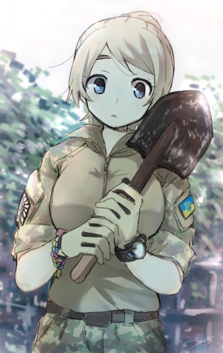 1girl, blonde_hair, blue_eyes, bracelet, camouflage, camouflage_pants, jewelry, looking_at_viewer