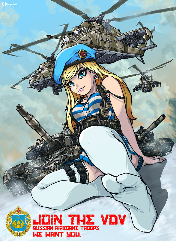 artist_request, beret, blonde_hair, blue_eyes, hat, helicopter, mi-24, military