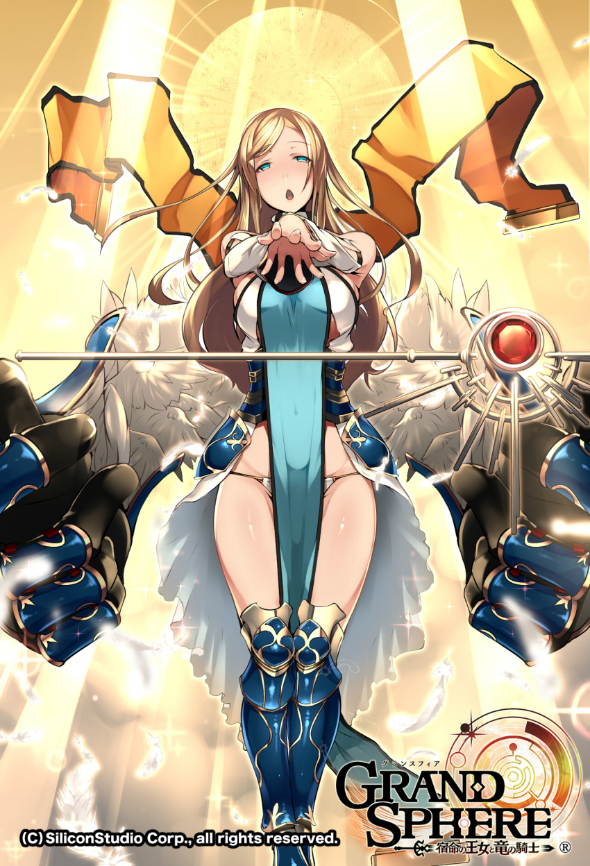 1girl, blonde_hair, blue_eyes, breasts, covered_navel, feathers, floating_object, gauntlets