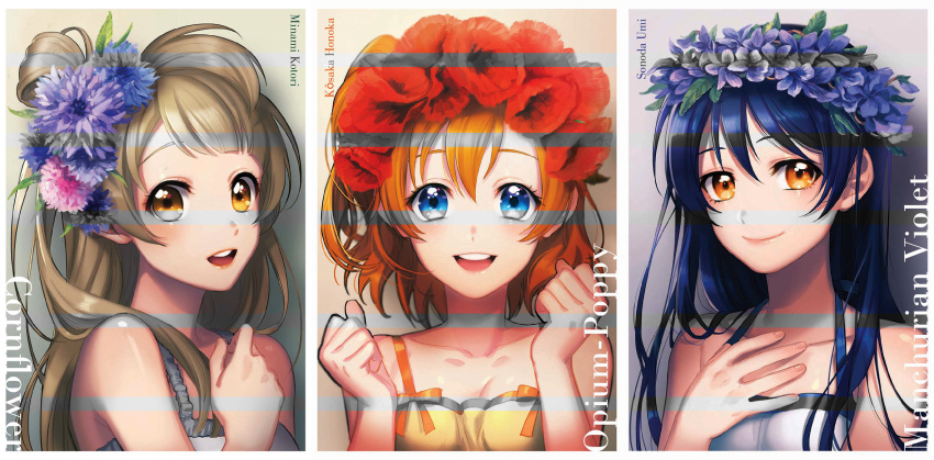 3girls, chlfl05, cornflower, flower, hair_flower, hair_ornament, head_wreath, highres