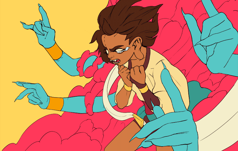 1girl, ajna_(indivisible), animated, animated_gif, blue_skin, brown_hair, dark_skin, fangs, haruka_(indivisible), indivisible, kevin_hong, multiple_arms, smoke, solo, tears, third_eye, transformation, white_hair