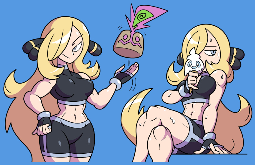 1girl, battle_girl_(pokemon), battle_girl_(pokemon)_(cosplay), bike_shorts, blonde_hair, blue_eyes, breasts, fingerless_gloves, gloves, hair_ornament, hair_over_one_eye, midriff, pokemon, pokemon_(creature), pokemon_(game), pokemon_dppt, shenanimation, shirona_(pokemon), smile, solo, spiritomb, sports_bra, sweat, vanillite