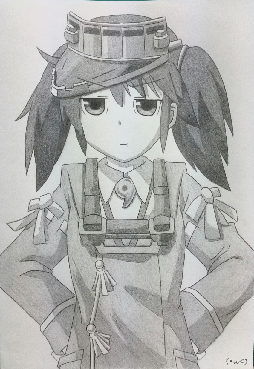 1girl, absurdres, graphite_(medium), hands_on_hips, highres, japanese_clothes, kantai_collection, kariginu