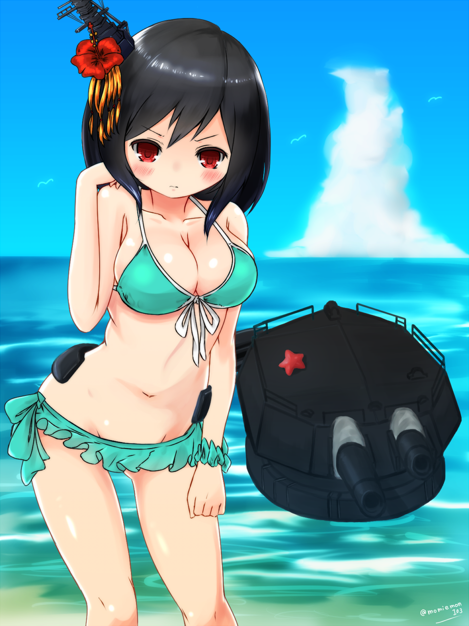 1girl, alternate_costume, aqua_bikini, aqua_bikini_top, artist_request, bikini, black_hair, blush