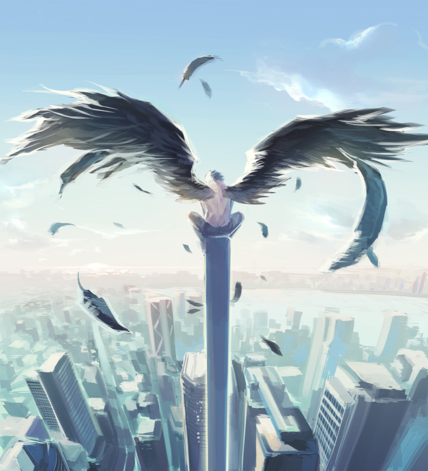 1boy, angel_wings, black_wings, building, city, feathers, from_behind, highres