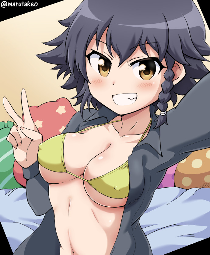 1girl, arm_up, artist_name, bikini, black_hair, black_shirt, braid, breasts, cleavage, collarbone, collared_shirt, covered_nipples, eyebrows, eyebrows_visible_through_hair, girls_und_panzer, green_bikini, green_bikini_top, hand_gesture, long_sleeves, looking_at_viewer, marutakeo, navel, open_clothes, open_shirt, outstretched_arm, pepperoni_(girls_und_panzer), pillow, polka_dot, polka_dot_pillow, self_shot, shirt, short_hair, single_braid, solo, stomach, swimsuit, taking_picture, upper_body, v, wing_collar, yellow_eyes