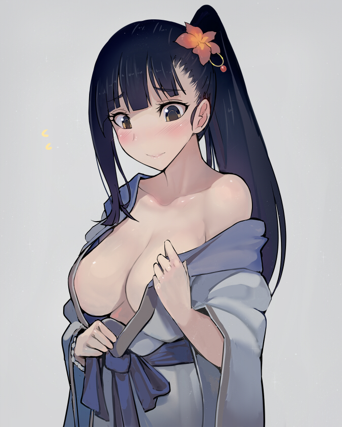 1girl, black_hair, blush, breasts, cleavage, flower, hair_flower, hair_ornament