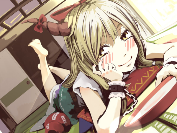 blush, ibuki_suika, miyakaze, sakazuki, sake, smile, touhou
