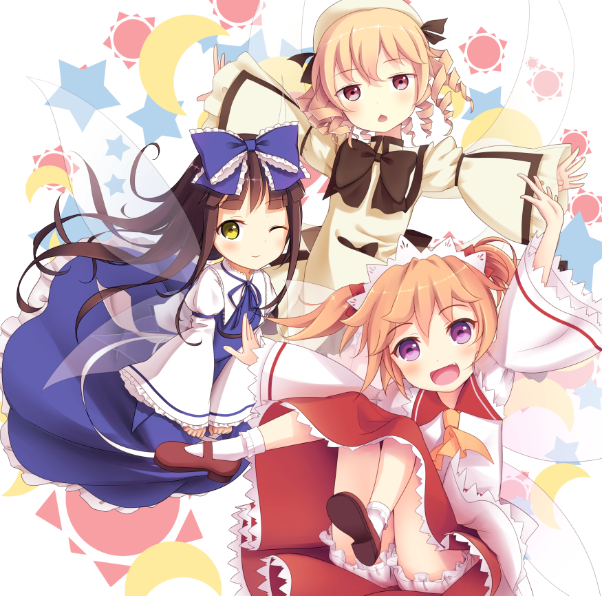 3girls, :d, ascot, bent_knees, black_bow, bloomers, blue_bow, blue_ribbon