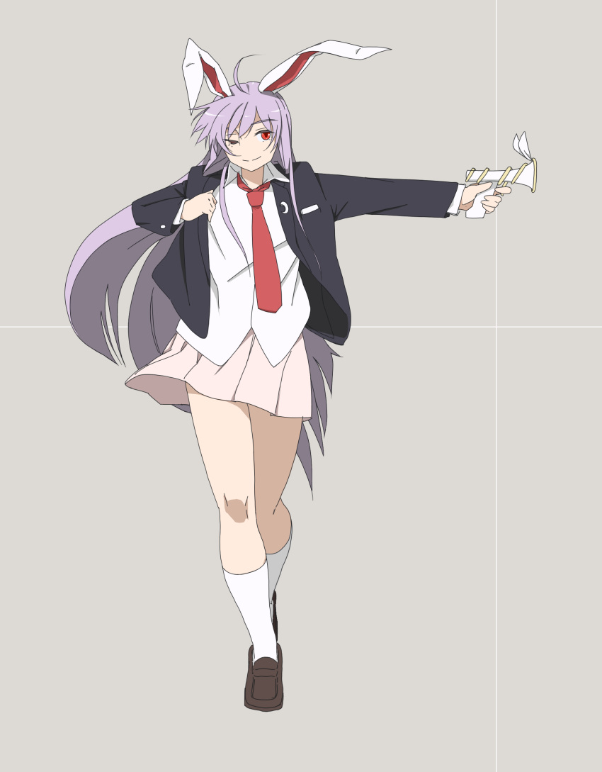 1girl, absurdres, animal_ears, blazer, blouse, gun, handgun, highres, jacket, kajiki, lavender_hair, long_hair, lunatic_gun, necktie, one_eye_closed, pleated_skirt, purple_hair, rabbit_ears, red_eyes, red_necktie, reisen_udongein_inaba, shirt, skirt, solo, touhou, very_long_hair, weapon