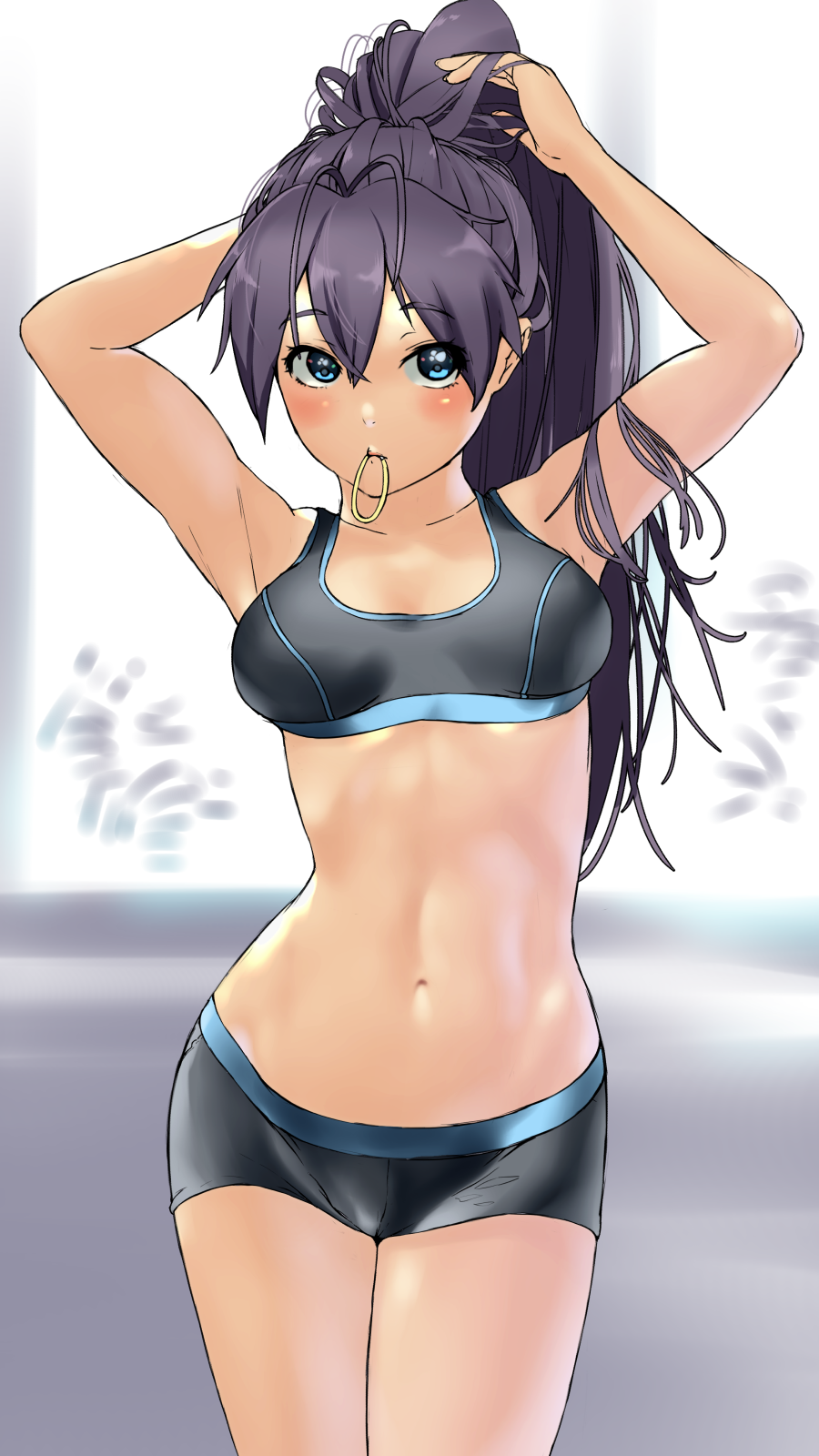 1girl, adjusting_hair, antenna_hair, black_hair, blue_eyes, breasts, earrings, ganaha_hibiki