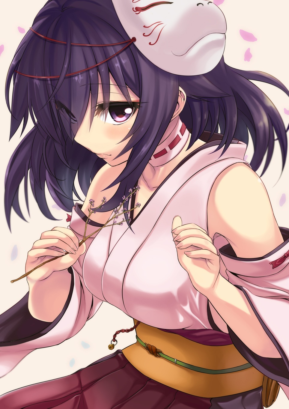 1girl, bangs, beige_background, branch, breasts, choker, closed_mouth, collarbone