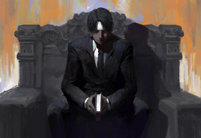 1boy, black_hair, black_jacket, black_necktie, black_pants, book, chrollo_lucilfer, closed_mouth, collared_shirt, diaodiao, earrings, formal, headband, holding, holding_book, hunter_x_hunter, jacket, jewelry, long_sleeves, looking_at_viewer, male_focus, necktie, pant_suit, pants, shade, shadow, shirt, sitting, solo, suit, throne, traditional_media, white_shirt