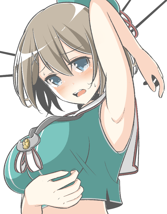 1girl, arm_up, armpits, blue_eyes, breasts, brown_hair, commentary_request, hair_between_eyes