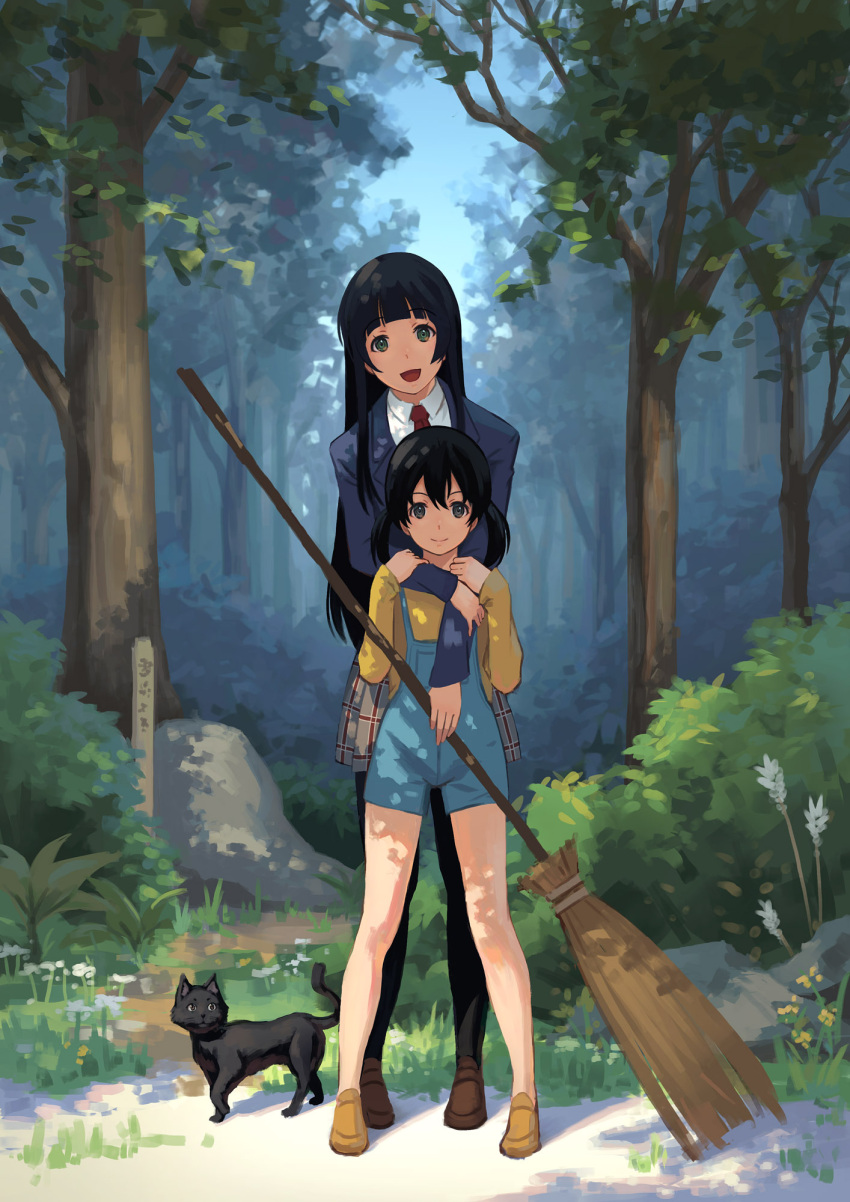 2girls, :d, animal, arm_holding, bangs, bare_legs, behind_another, black_cat