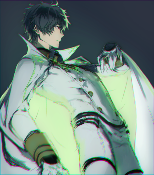 alternate_costume, alternate_eye_color, cape, from_side, glowing, gradient, gradient_background, grey_background