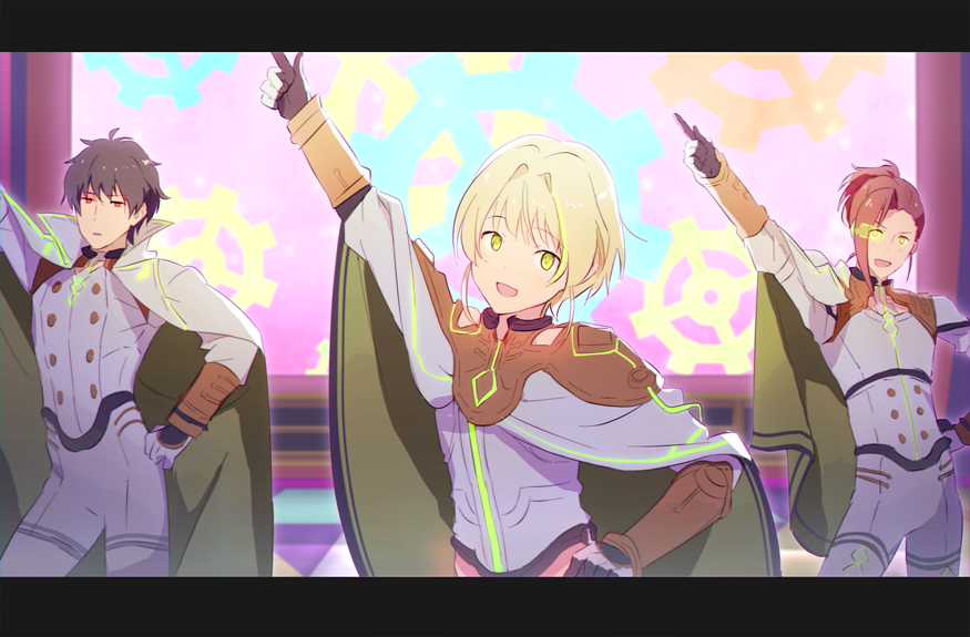 3boys, :d, alternate_costume, beit, blonde_hair, brown_hair, cape, crown