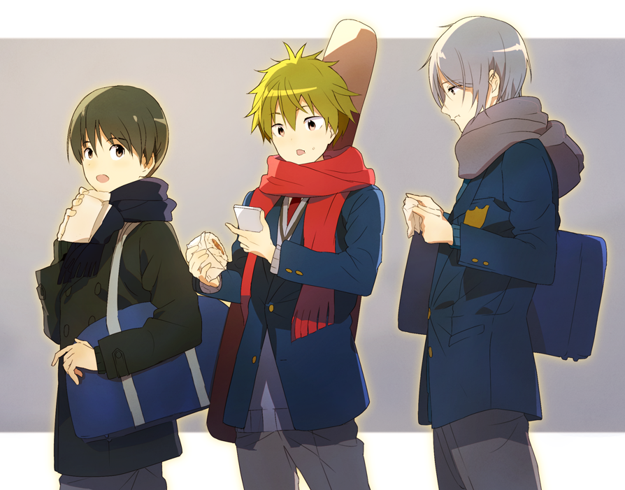 3boys, akiyama_hayato, bag, black_hair, blue_eyes, brown_eyes, coat, eating