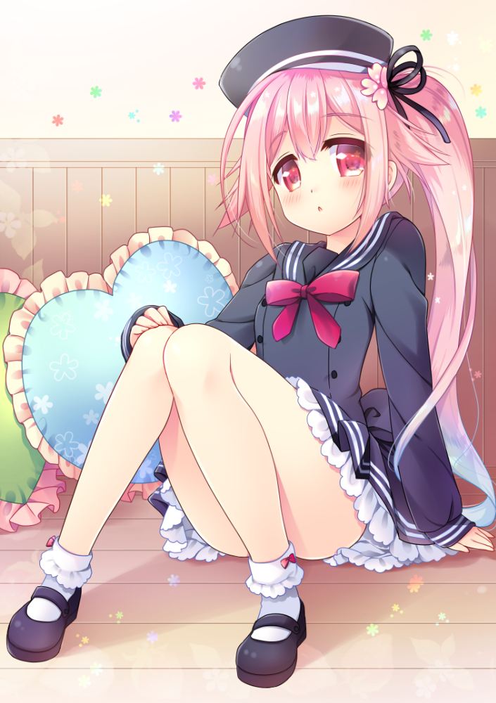 1girl, :o, arm_at_side, black_hat, black_ribbon, black_shoes, blue_hair, blush