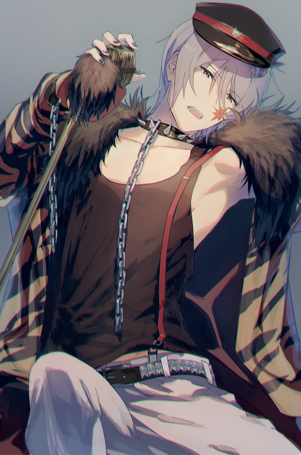 1boy, alternate_costume, animal_print, belt, black_nails, blue_eyes, chain, collar