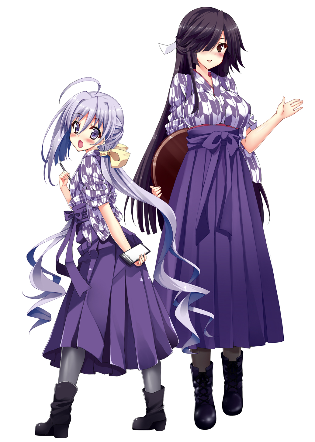 2girls, :d, ahoge, alternate_costume, arm_at_side, bashamichi, black_boots, black_hair