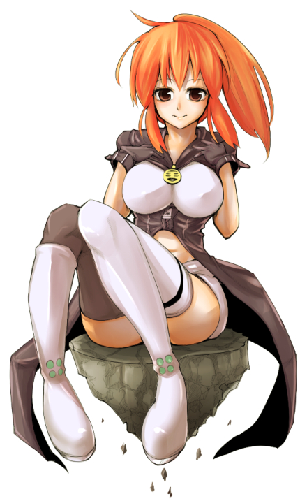bad_id, boots, breasts, brown_eyes, gloves, large_breasts, orange_hair, ponytail