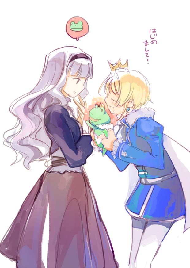 1044kiro, 1boy, 1girl, blush, cape, closed_eyes, crown, fur_trim