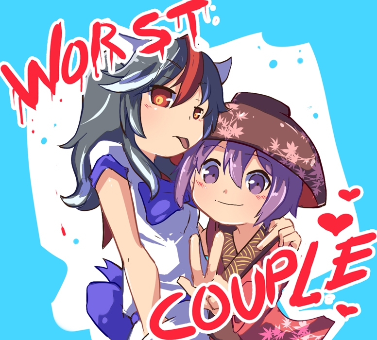 2girls, :p, black_hair, blush, bowl, bowl_hat, english, hat