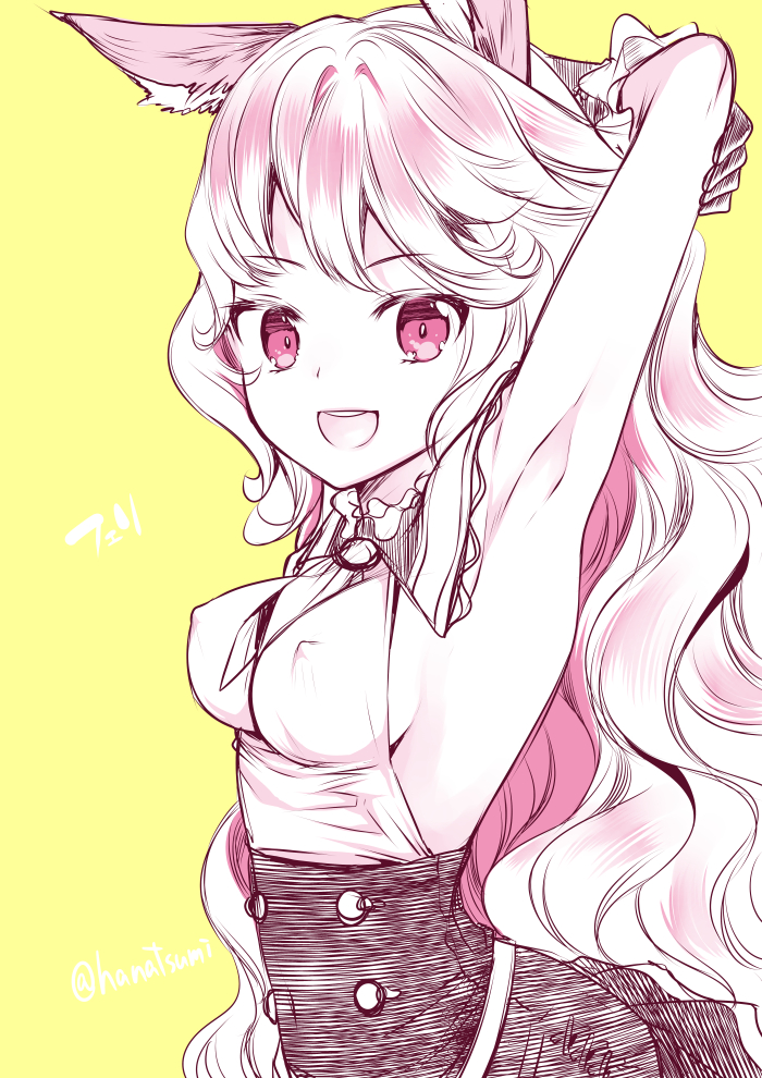 1girl, :d, armpits, bare_shoulders, blush, breasts, character_request, covered_nipples
