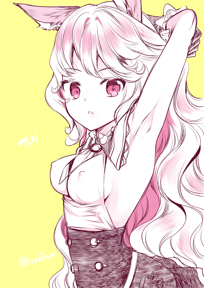 1girl, :o, armpits, bare_shoulders, blush, breasts, character_request, covered_nipples