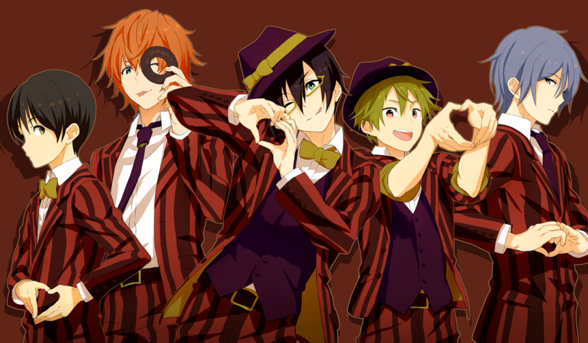 5boys, :d, :p, ;), akiyama_hayato, black_necktie, brown_eyes, doughnut