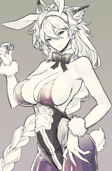 animal_ears, bare_shoulders, braid, breasts, bunnysuit, granblue_fantasy, heles, koza_game