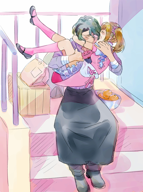 apron, asselin_bb_ii, blue_hair, bowl, brown_hair, carrying, closed_eyes, eyepatch
