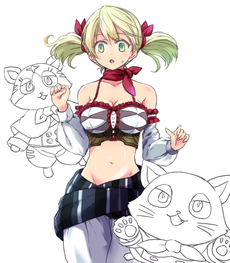 1girl, aranya_(atelier), atelier_(series), atelier_rorona, blonde_hair, bow, breasts, cleavage, cowboy_shot, crop_top, detached_sleeves, doll, green_eyes, hair_bow, horoholo_(atelier), lionela_heinze, looking_at_viewer, maromi_(am97), pants, red_bow, red_scarf, scarf, short_hair, twintails, white_background, white_pants