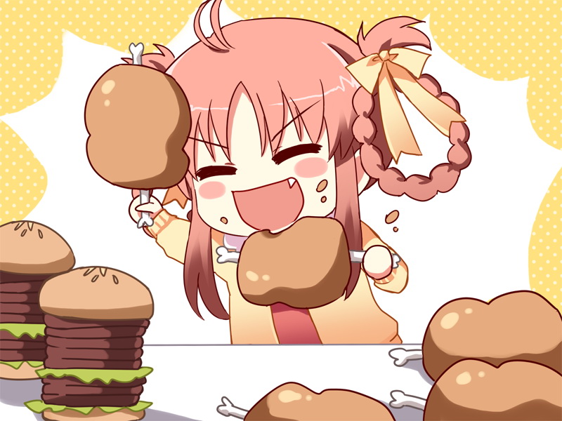 800x600, :d, braid, chibi, closed_eyes, eating, fang, food